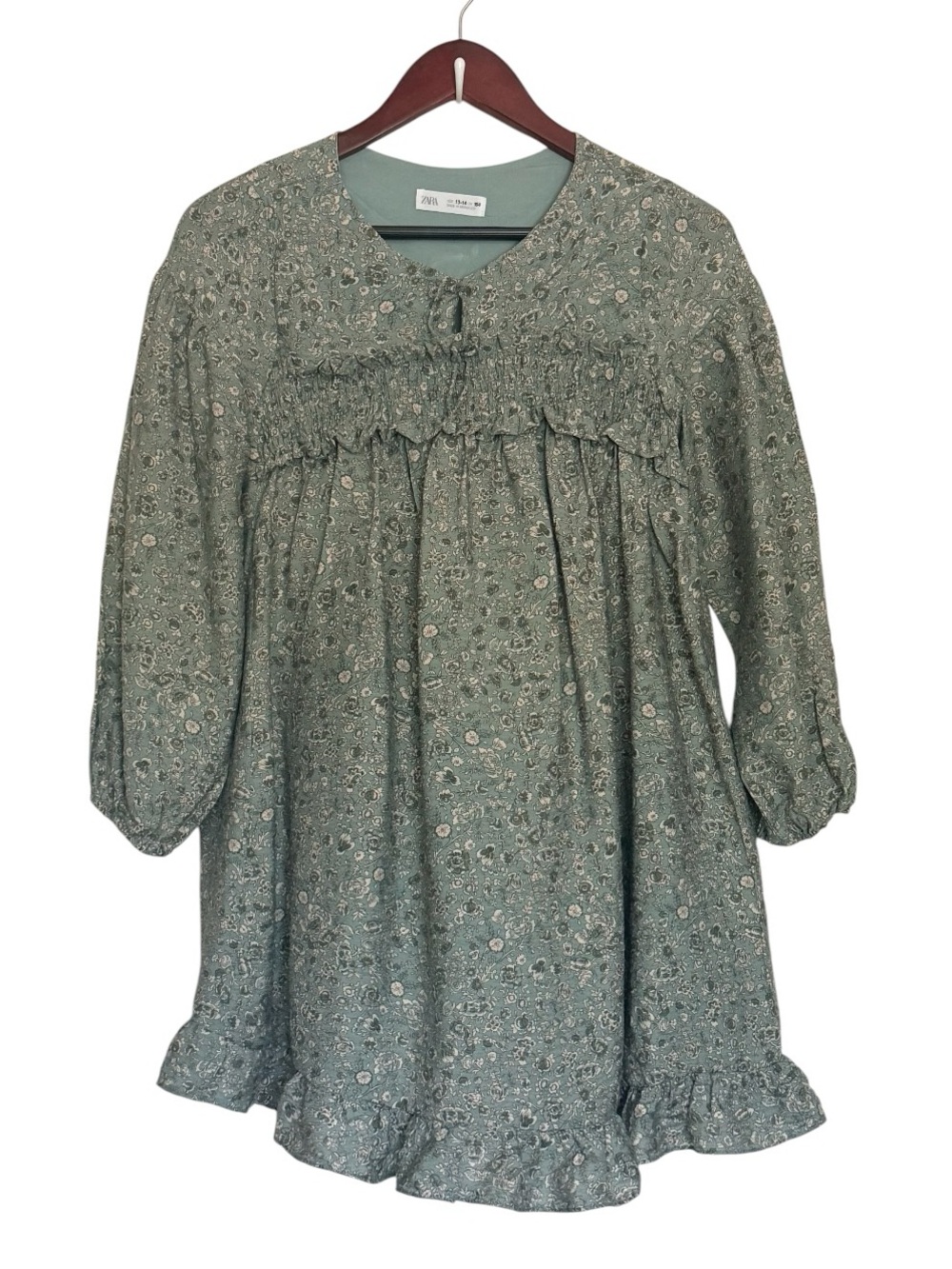 Zara Kids Sage Green Floral Smocked Ruffle Dress Size 13-14